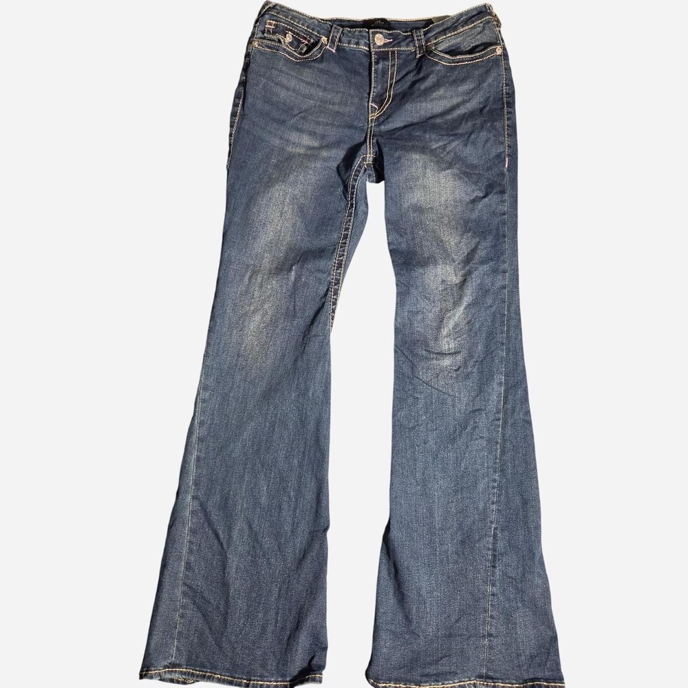 True Religion Joey Mid Rise Flare Jeans Blue Pink Stitch Y2K Size 32